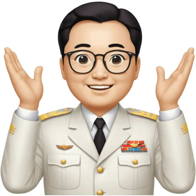 Emoji of General kim il sing wearing his white uniform with his hands behind his back smiling as he looks at you through his big glasses emoji