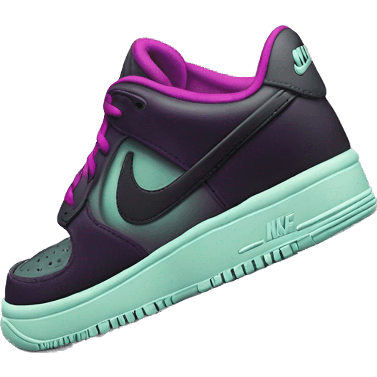 Hyper Realistic isolated side view of a  pair of black,mint green,magenta,and dark purple Nike Sneakers. emoji