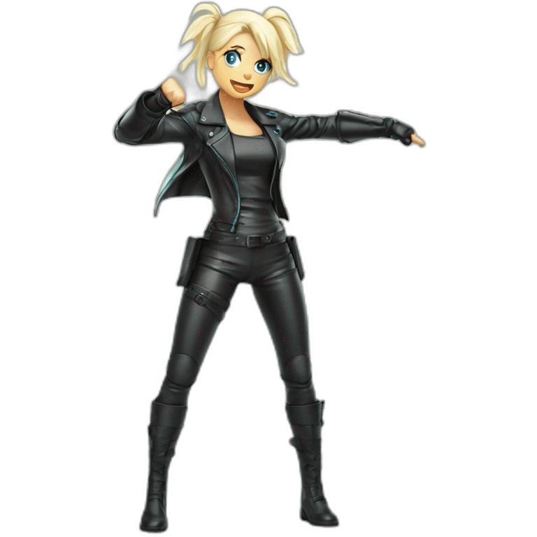 1 girl, leather suit, latex legwear, leather skirt, platinum blonde hair, ponytail, smirk, aqua eyes, leather boots Victory pose, Fighting stance emoji