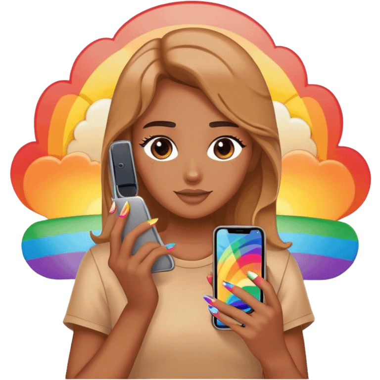 A person holding a phone with a sunset, phone, cover and with rainbow nails emoji