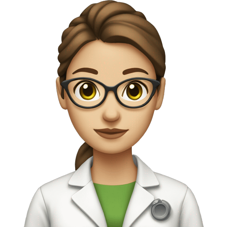 Female scientist with brown hair in a bun and green eyes with NO glasses for the love of god emoji