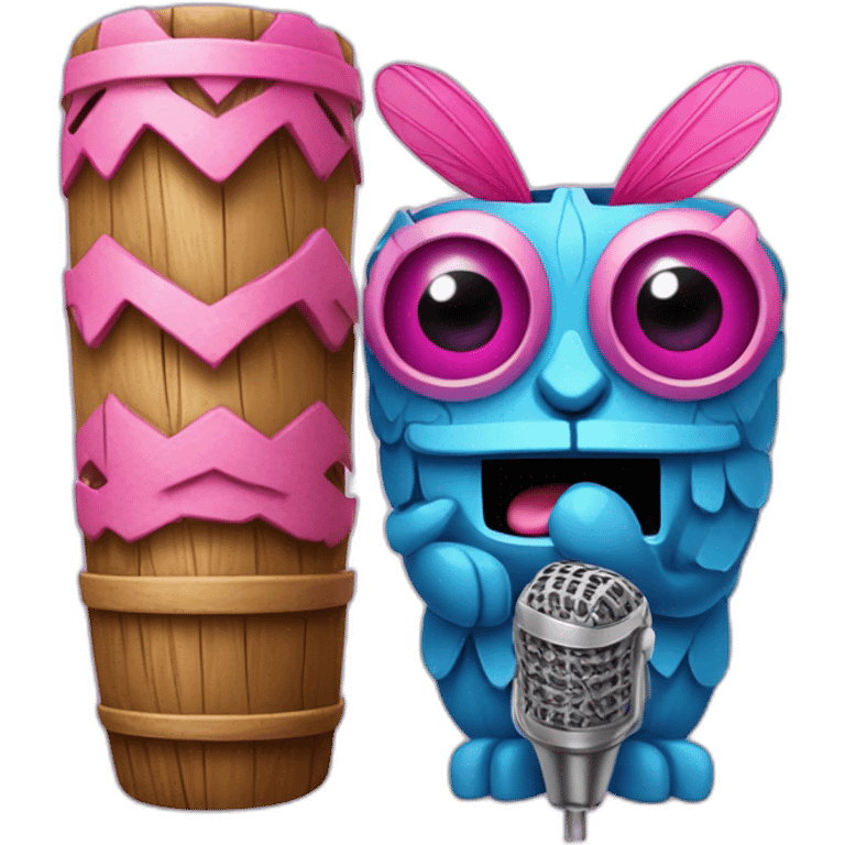 Cartoon Blue and pink tiki singing with butterfly and mikrophone emoji