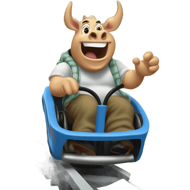 Rhino man riding a roller coaster with large $ signs & money flowing behind  emoji