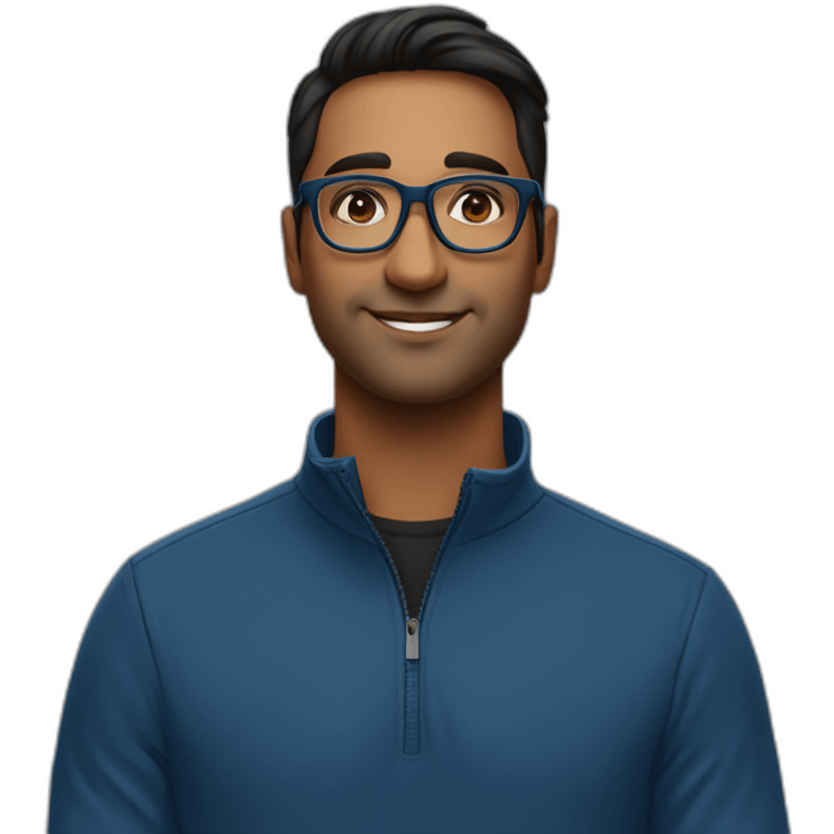 29 year old indian tech founder clean shaven in blue quarter zip with black tortoiseshell glasses emoji