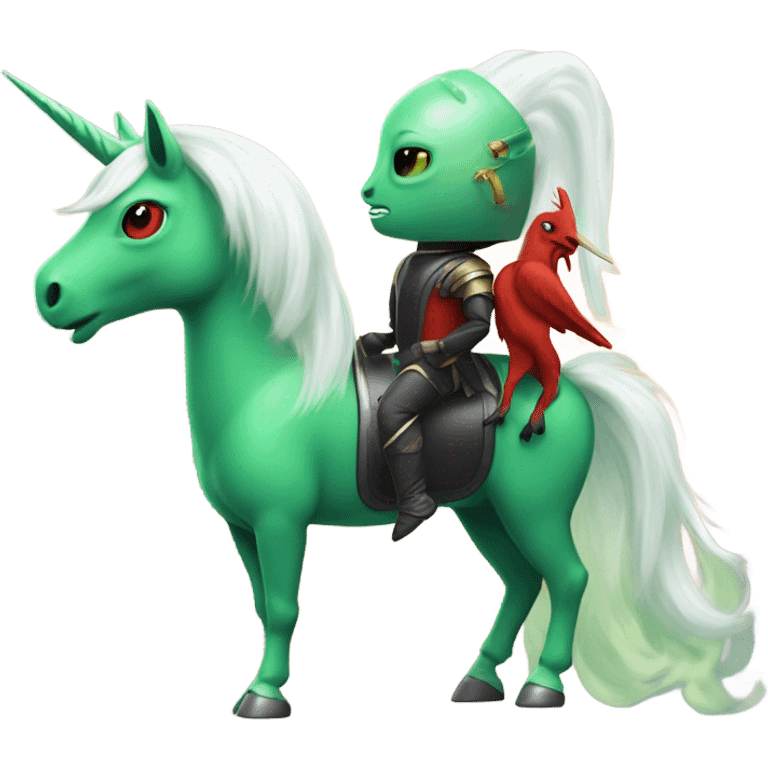 four-legged green unicorn white. a red amazon alien woman, on a unicorn emoji