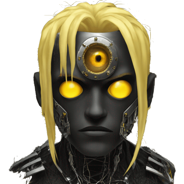 black metal male cyborg head with artificial eyeball, circuitry and dreaded yellow gold hair emoji