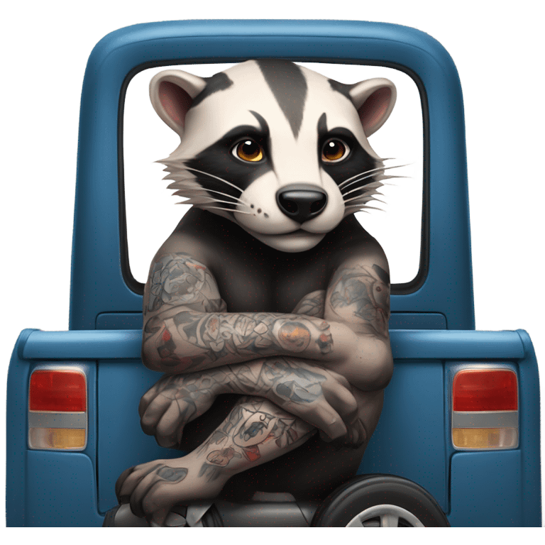 American Badger with muscles and tattoos driving a truck emoji