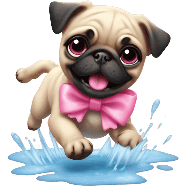 Baby pug with big pink
eyes wearing a pink bow above 1 ear jumping in a puddle  emoji