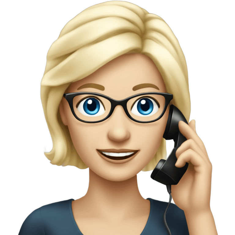 Elegant real blonde lady with glasses happy blue eyes talking on a phone  emoji