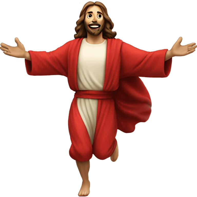 Jesus sprinting, with a large stride and arms outstretched, in a red santa costume emoji