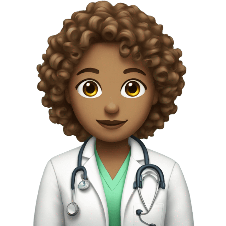 Light green eyes, brown curly hair, doctor girl emoji