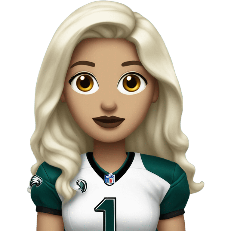 White female long dark hair red lips wearing Philadelphia Eagles jersey emoji