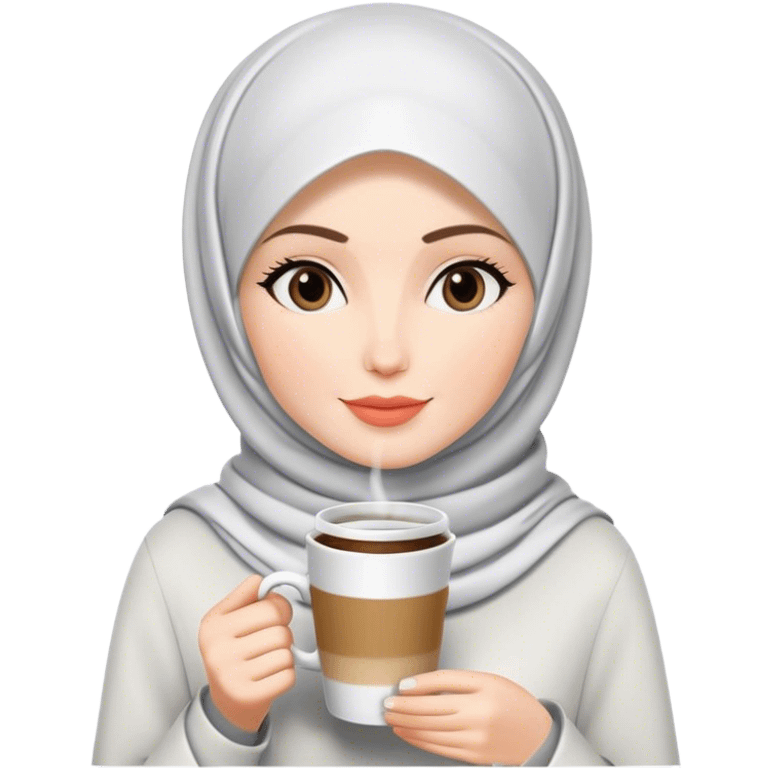 a white skin hijab woman drinks coffee with zepeto styles emoji