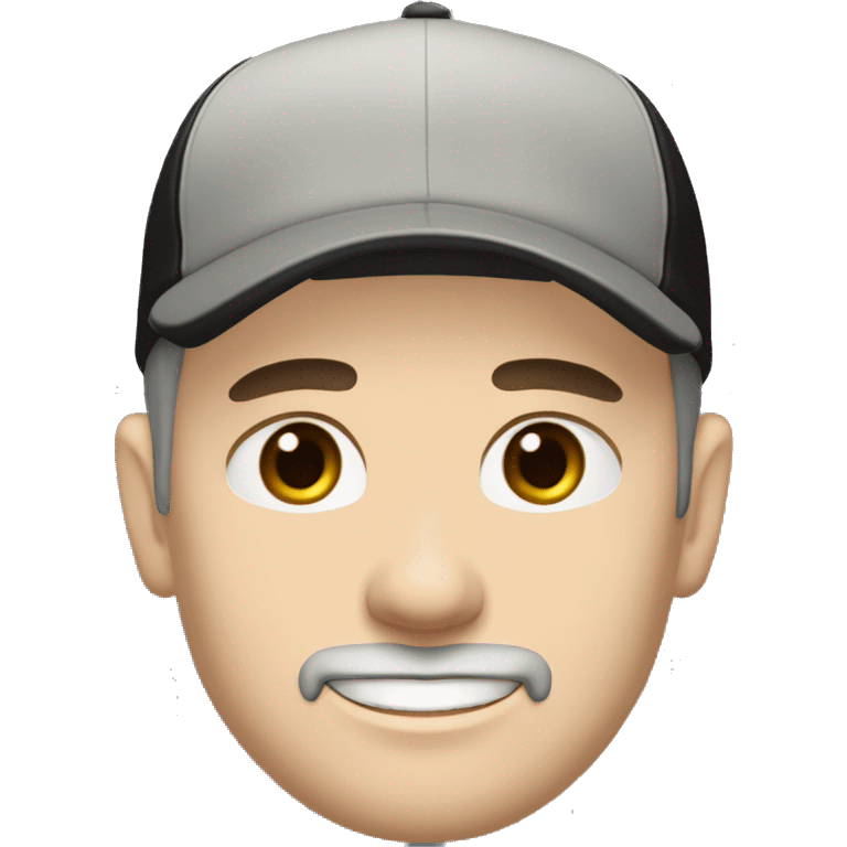 An adult pale skin male with stubble and a slightly gray beard, brown hair, black eyes, wearing a black Reebok cap with a round emblem on his head, and a black sweater with three white stripes on the sleeves underneath. emoji