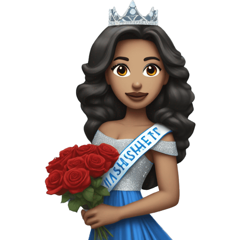 Beauty queen with light skin and dark hair, wearing Miss Massachusetts sash and wearing a crown and blue sparkly dress holding red roses emoji