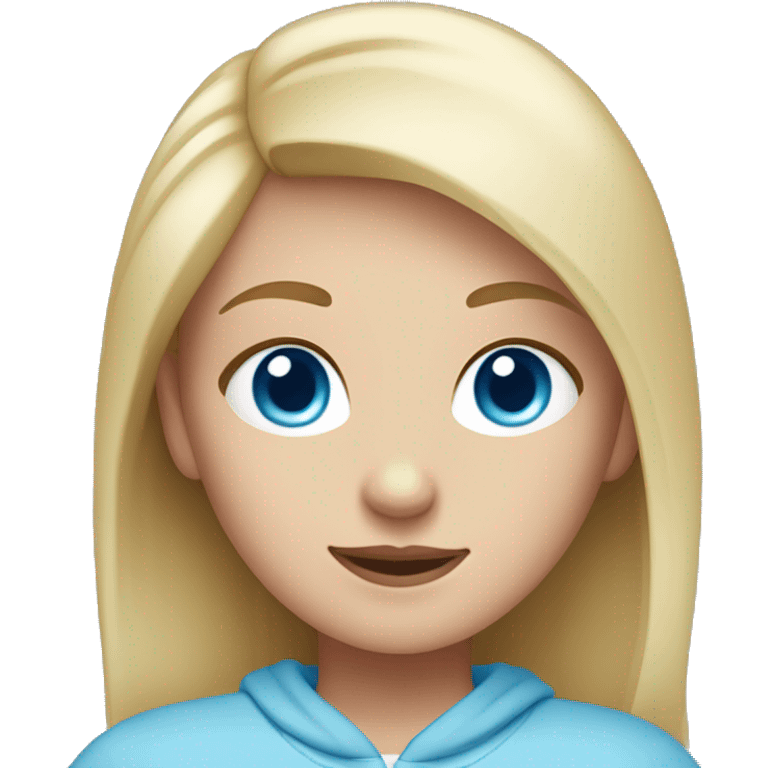 A girl with blue eyes and blonde hair and whitwhite skin and wearing a light blue sweatshirt emoji