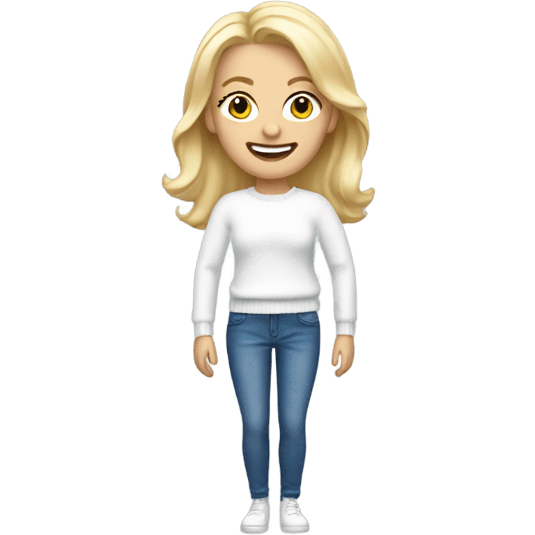 Happy white woman with blonde hair and white christmas jumper and blue jeans  emoji