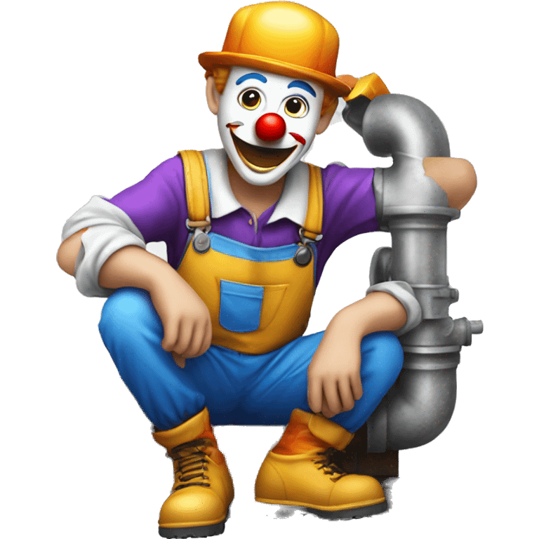 clown face emoji as a plumber sitting and fixing pipe emoji