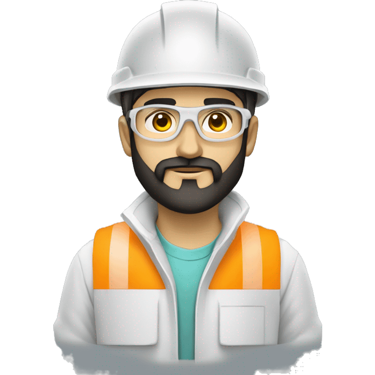 A young Armenian builder engineer with a light black beard, with a glasses, with a white helmet and a phosphorescent protection jacket, front view emoji