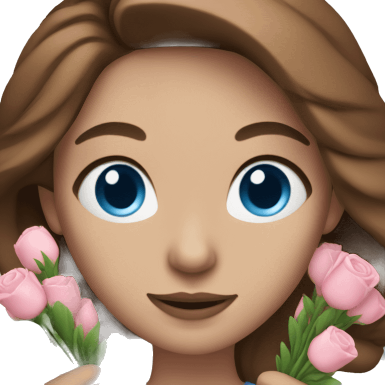 woman with blue eyes brown hair and pink bouquet in the hand emoji