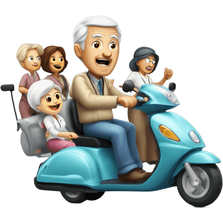 Old man riding a medical scooter chased by a group of women emoji