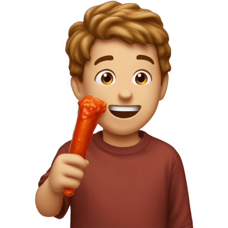 Boy eating beef stick with hot sauce emoji