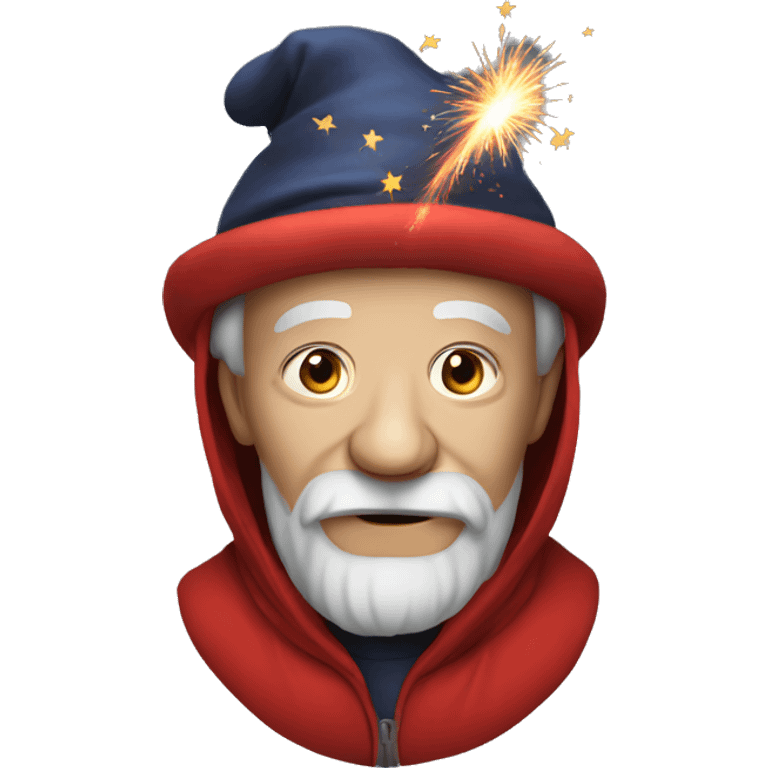 old man in hooded portrait wearing firework hat emoji