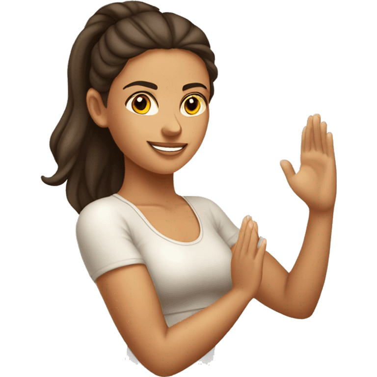 Tanned brunette yoga girl light clothes n emoji