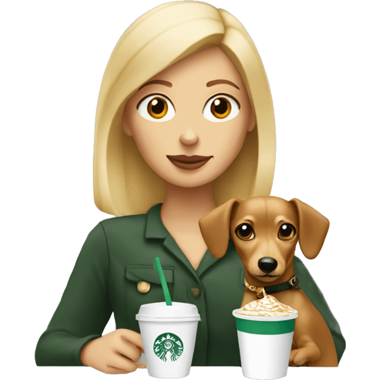 Blonde woman and chiweenie drinking Starbucks emoji