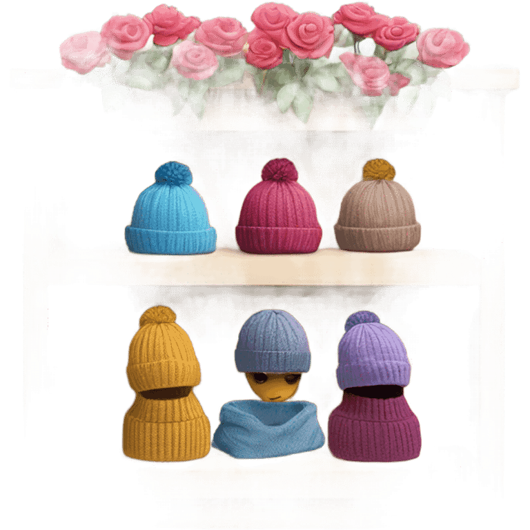 Shelf with knitted hats on mannequins and a flower emoji