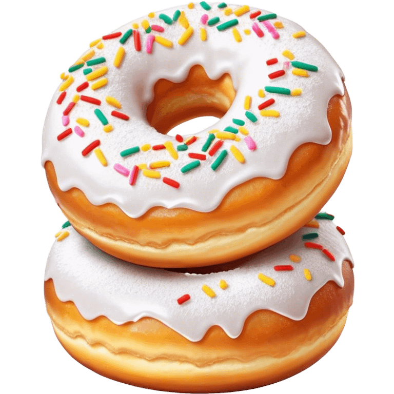 Cinematic fluffy donuts, perfectly golden and dusted with powdered sugar, vibrant icing with sprinkles, stacked in a playful arrangement, soft glowing highlights, warm and inviting. emoji