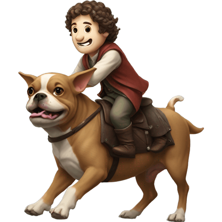 A hobbit riding on the back of a French bull dog emoji