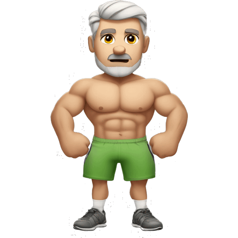 An (emoji) of an Australian dad working out, showcasing a muscular build and determined facial expression, emphasizing the "dad" aspect with classic Aussie style shorts and a tank top. emoji