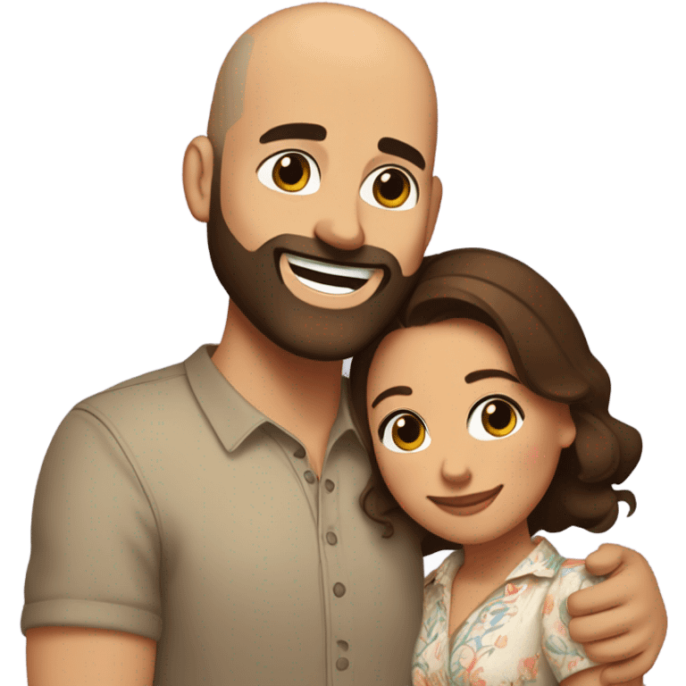 Brown-haired Puerto Rican woman with dark brown eyes wearing a cute blouse giving comforting hug to short, bald man with brown eyes, laugh lines, and a beard emoji