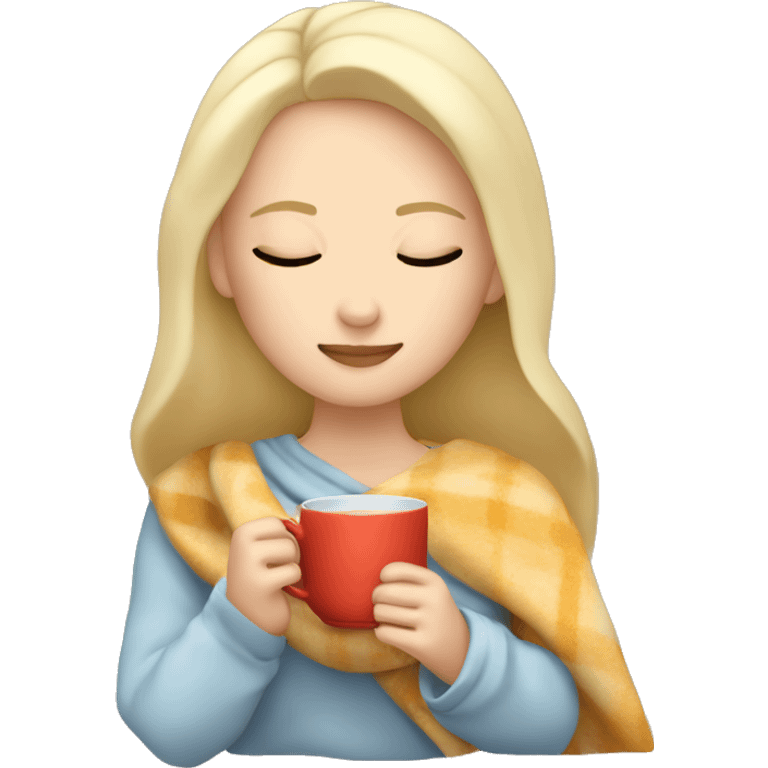 White Girl with blonde hair sipping tea with eyes closed and blanket around head emoji