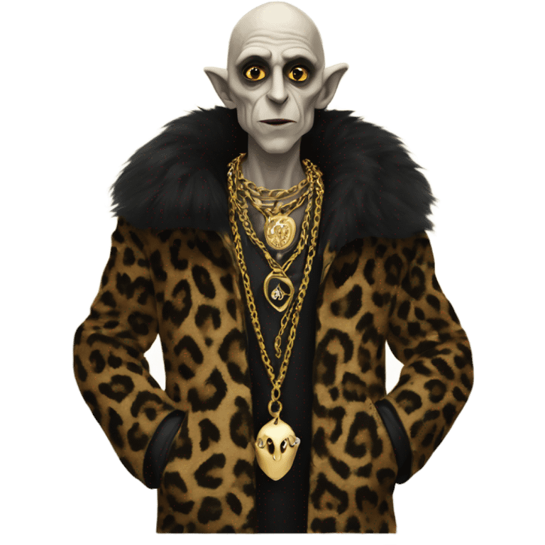 Nosferatu wearing a leopard print fur jacket with gold chains on emoji