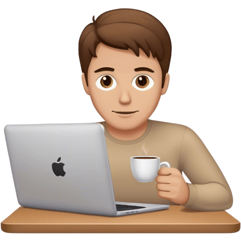 a white man with brown hair with a laptop and a cup of coffee emoji