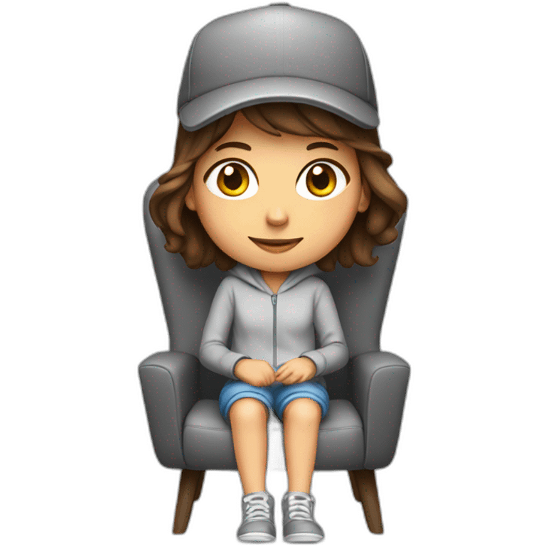 girl with brown hair sitting on a gaming chair, wearing a hat and grey onesie emoji