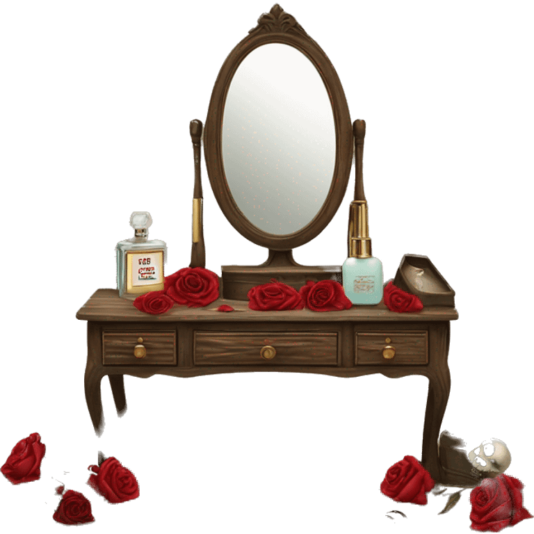 Old wood vanity with dead red roses vintage makeup and perfume  emoji