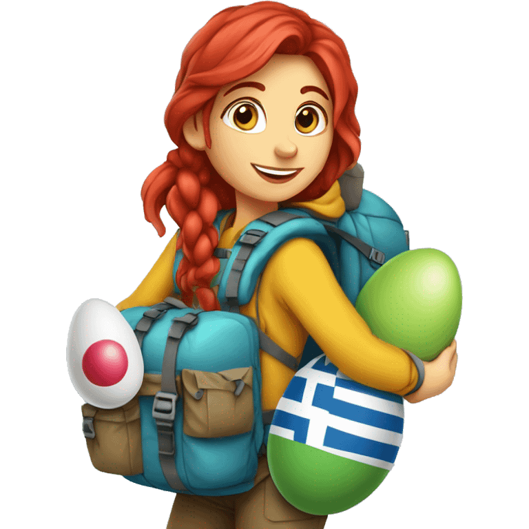 Female winter mountain climber red loose hair climbing with Greek flag on backpack and holding Easter eggs basket emoji