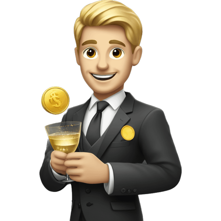 Smiling person in a tailored suit holding a gold coin in one hand and a champagne glass in the other, with dollar signs sparkling in their eyes emoji