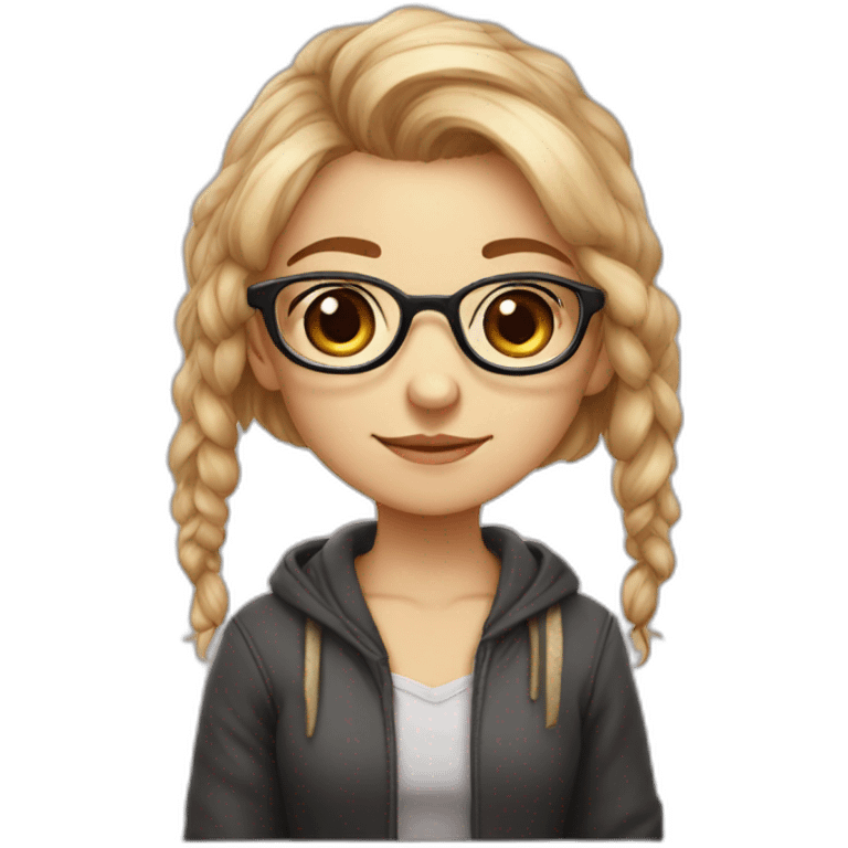 Cute girl with rus hair with glasses and steel brackets on teth eat sinabone emoji