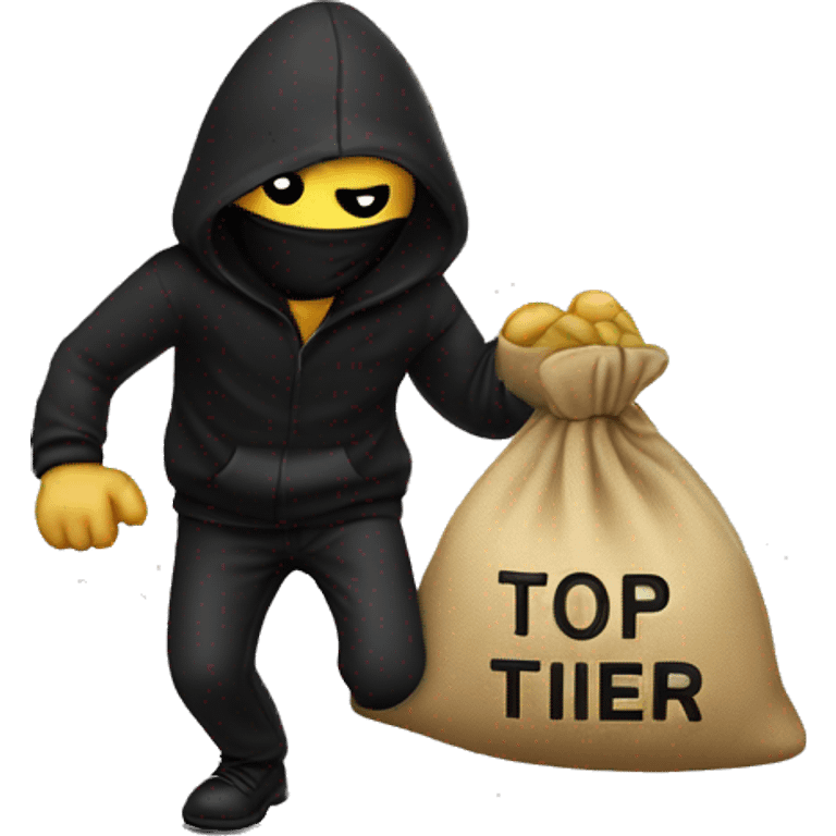 Thief wearing all black clothes actively stealing a money bag with the words Top Tier embroidered on it emoji