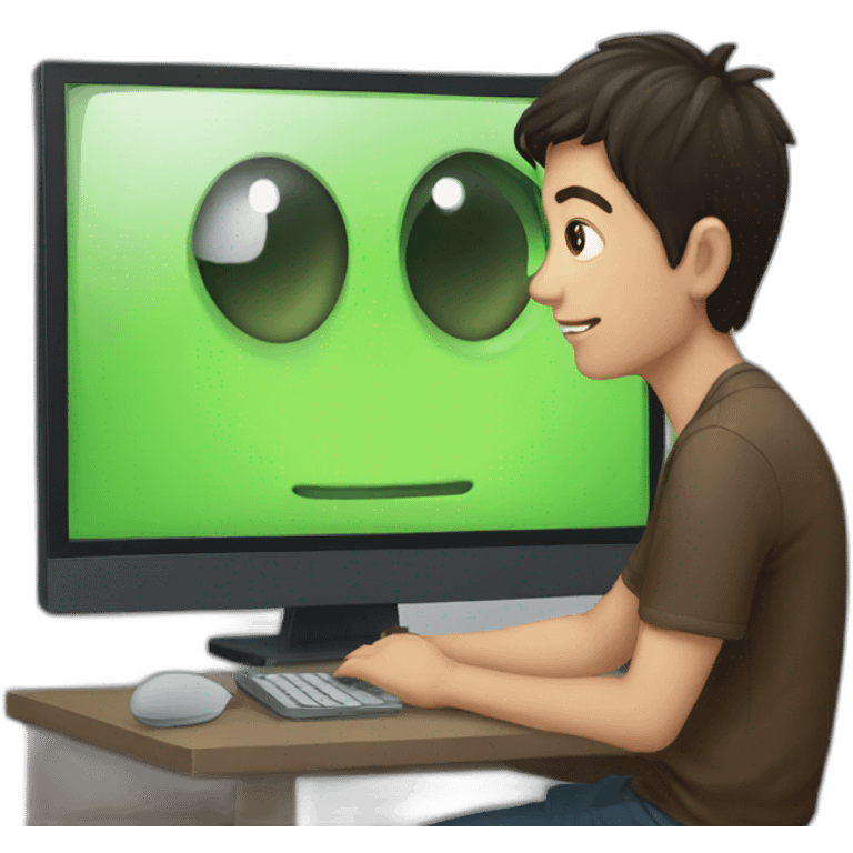 young guy watching a computer with his eye close to the monitor emoji