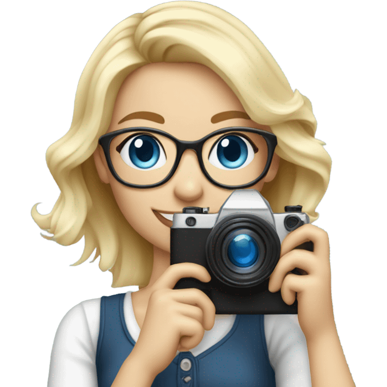 Elegant real blonde girl with glasses smiling blue eyes taking pictures with a camera  emoji