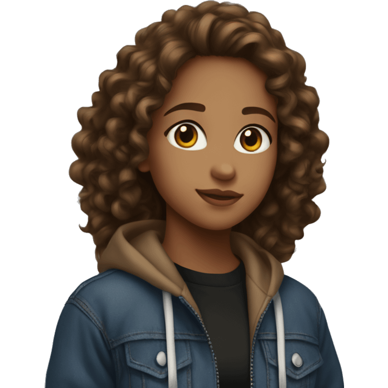 Girl with hazel eyes, tan skin, and long brown curly hair wearing a black zip up hoodie amd blue jeans  emoji