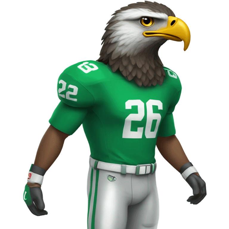 Eagle wearing a #26 green football jersey and green helmet emoji