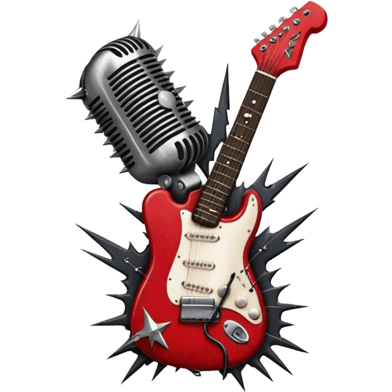 Create a powerful and dynamic humanless emoji representing rock vocals. The design should feature a classic vintage microphone with a rugged, distressed look, surrounded by elements like a guitar pick, electric guitar neck, and sound waves to reflect the raw energy of rock music. Add subtle details such as a spiked bracelet, leather textures, or bold lightning bolts to evoke the rebellious and intense spirit of rock. Use dark, edgy colors like black, red, silver, and metallic accents to emphasize the fierce, loud, and passionate nature of rock vocals. The background should be transparent. emoji