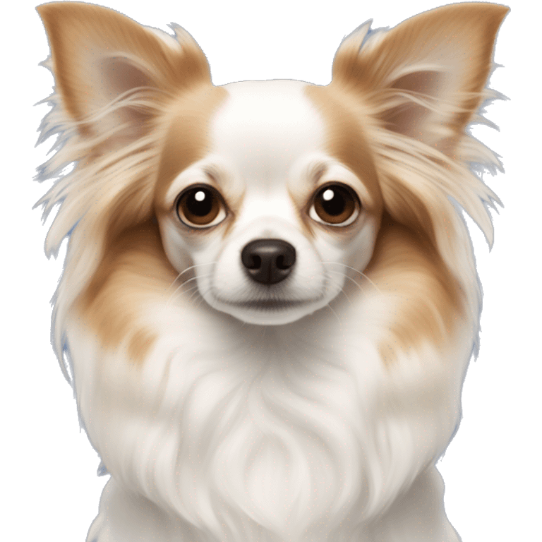 Long-haired white Chihuahua with reddish brown markings wearing royal blue pajamas emoji