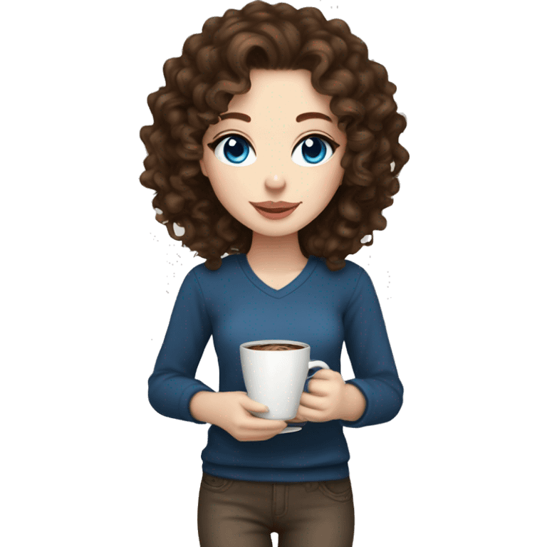 Pretty brunette with curly hair and blue eyes and pale skin with coffee and cat emoji